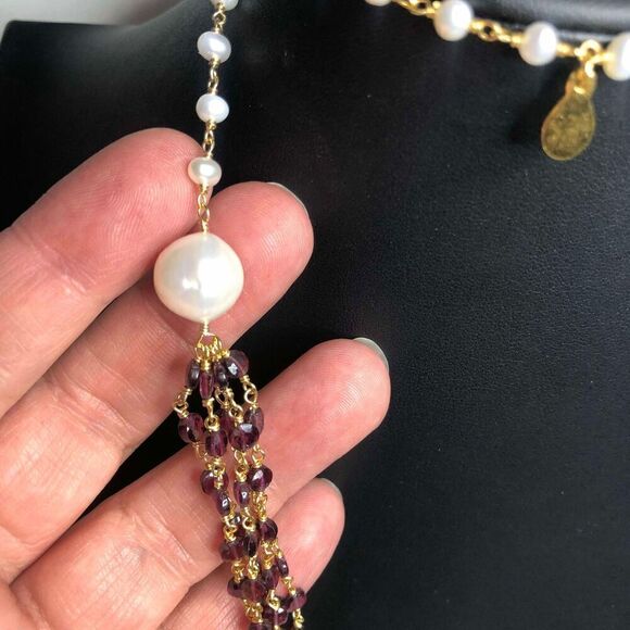 1109 Rarities Carol Brodie Multi strand Garnet & Pearl Vermeil 925 Bracelet 36" - Picture 3 of 3